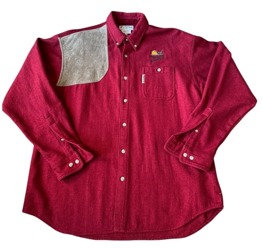 Vintage Columbia wool & leather patch pheasant hunting shirt Burgundy size XL